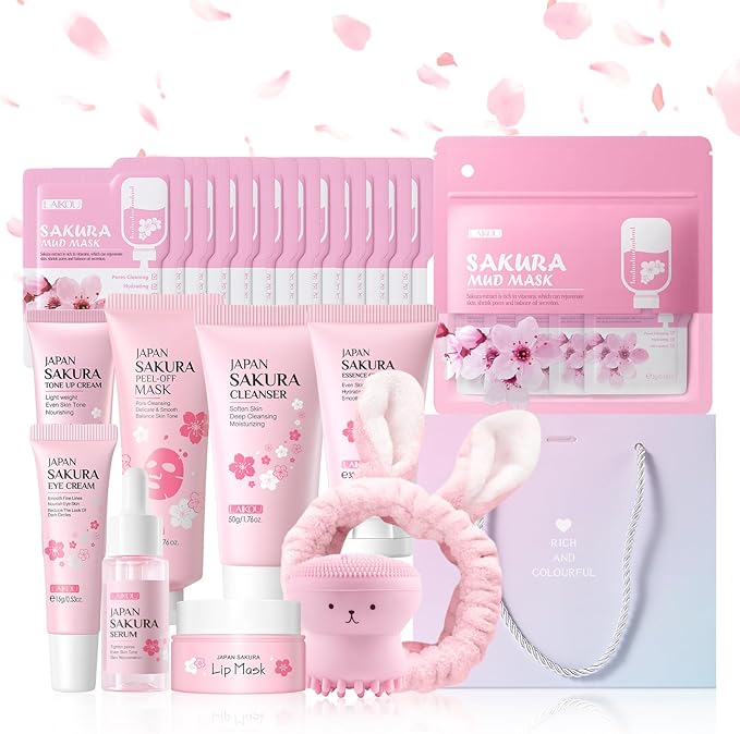 LAIKOU Sakura Skincare Set for Teen Girls, Complete 34PCS Face Care Kit